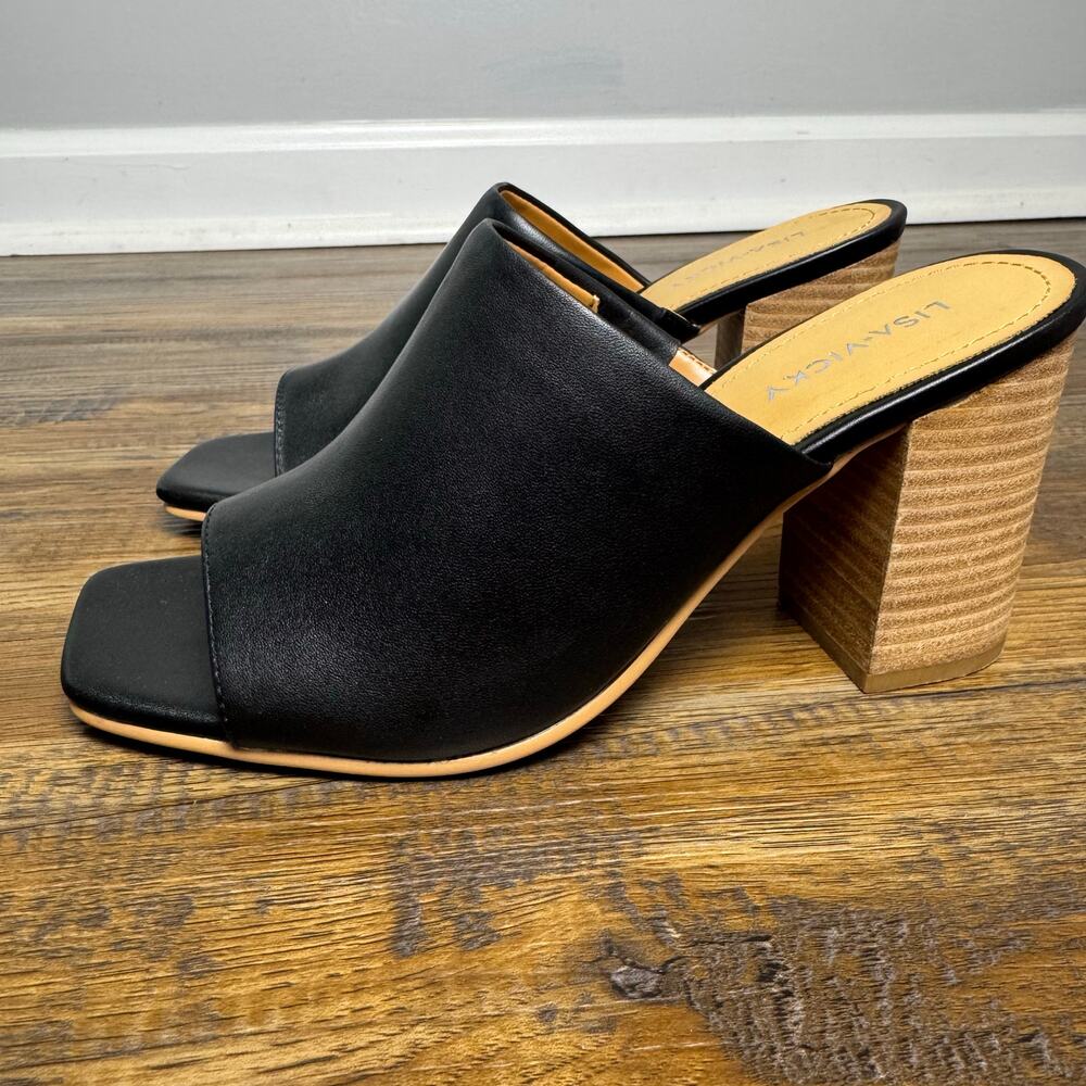 Lisa Vicky VIRTUE-V size 7.5 black sheep nappa stacked block heel slip on sandal - Picture 8 of 12